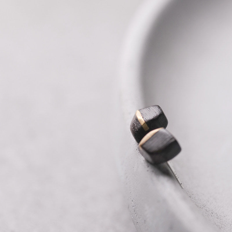 Handmade Ebony Wood & Brass Stud Earrings – 5th Wood Anniversary Gift, Minimalist Gender-Neutral Wooden Studs with 925 Silver Posts