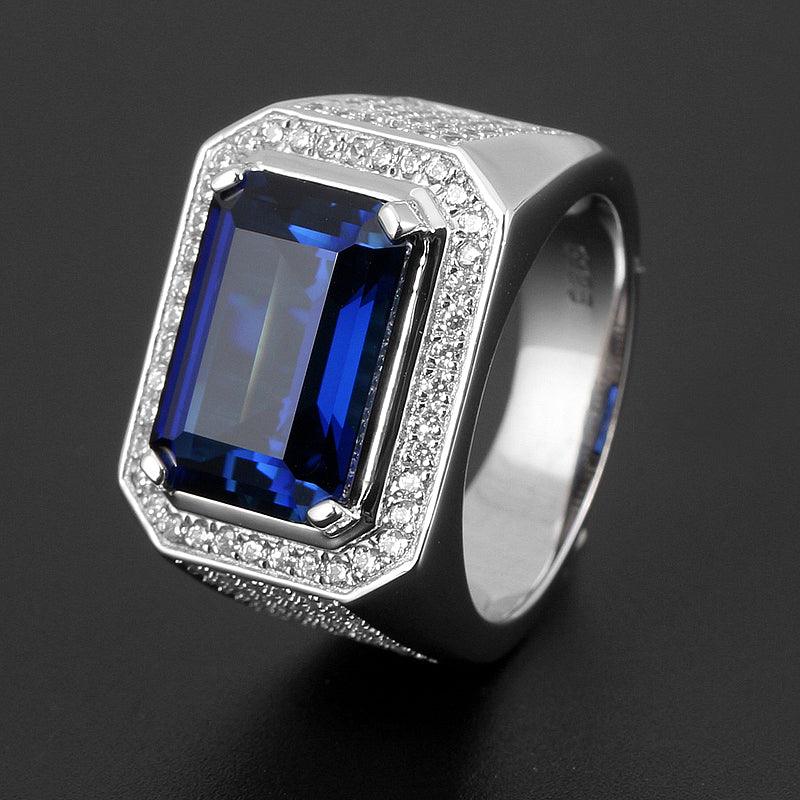 S925 Sterling Silver Plated Gold Sapphire Men's Single Ring - OOAKB