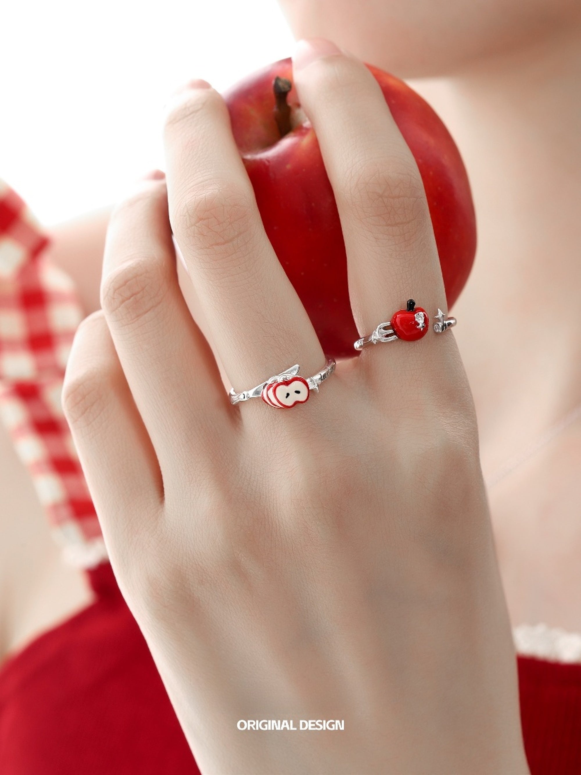 Customized 925 Silver Bitten Apple 4th Fruit & Flower Wedding Ring - Adjustable Anti-Tarnish