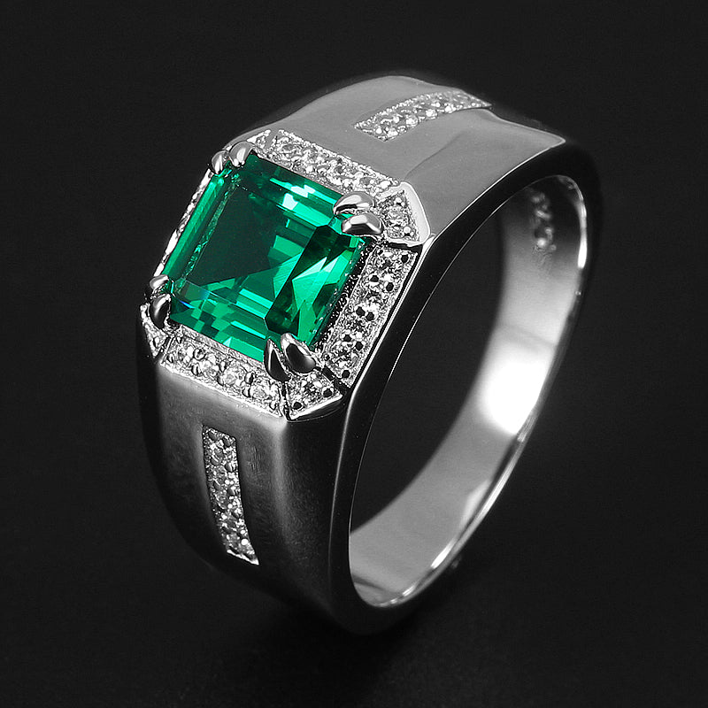 925 Sterling Silver Plated Gold Emerald Men's Ring