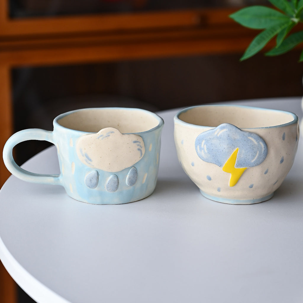 Handcrafted Ceramic Cloud Mug & Thundercloud Bowl – Couple Gift Set | 2nd & 9th Anniversary Gift