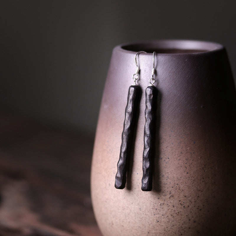 Handmade Ebony Wood Long Drop Earrings – 5th Wood Anniversary Gift for Wife, Minimalist Bar Earrings with 925 Silver Hooks, 2 Finishes