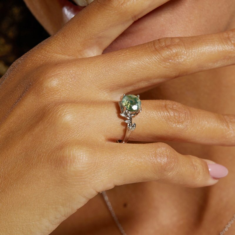 Temperament Style Moss Agate Open Ring