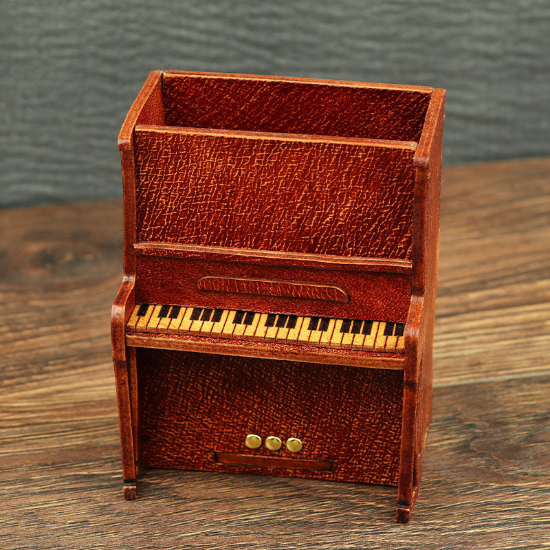 Handcrafted Leather Piano Desk Organizer — Full-Grain Tobacco Brown | Miniature Upright Piano Pen Holder | Music Lover Gift