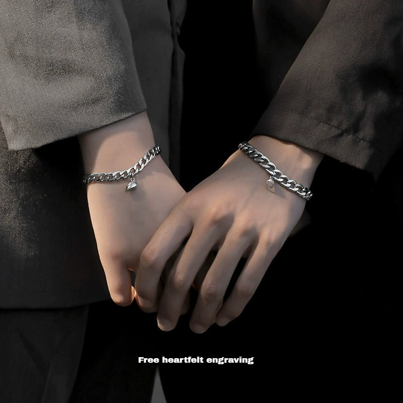 Customized Titanium Steel Couple Bracelets - 6th Iron Anniversary Magnetic Heart
