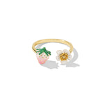 Customized Enamel Strawberry 4th Fruit & Flower Wedding Ring - Adjustable Open Design