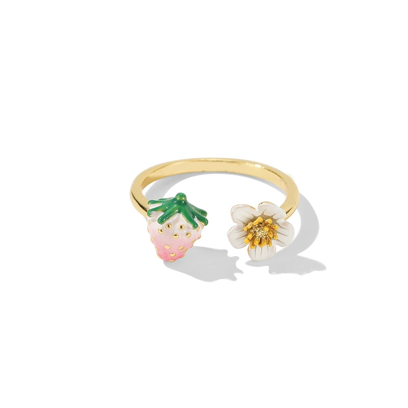 Customized Enamel Strawberry 4th Fruit & Flower Wedding Ring - Adjustable Open Design
