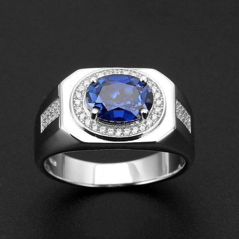 Silver Plated Gold Thickened Wide Sapphire Men's Ring - OOAKB