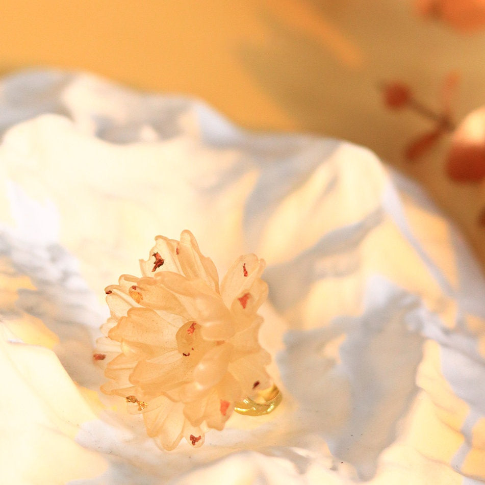 Handcrafted Leather Flower Statement Ring — Translucent Ivory Petals & Gold Shimmer | Adjustable Open Band | 3rd Leather Anniversary Gift for Her