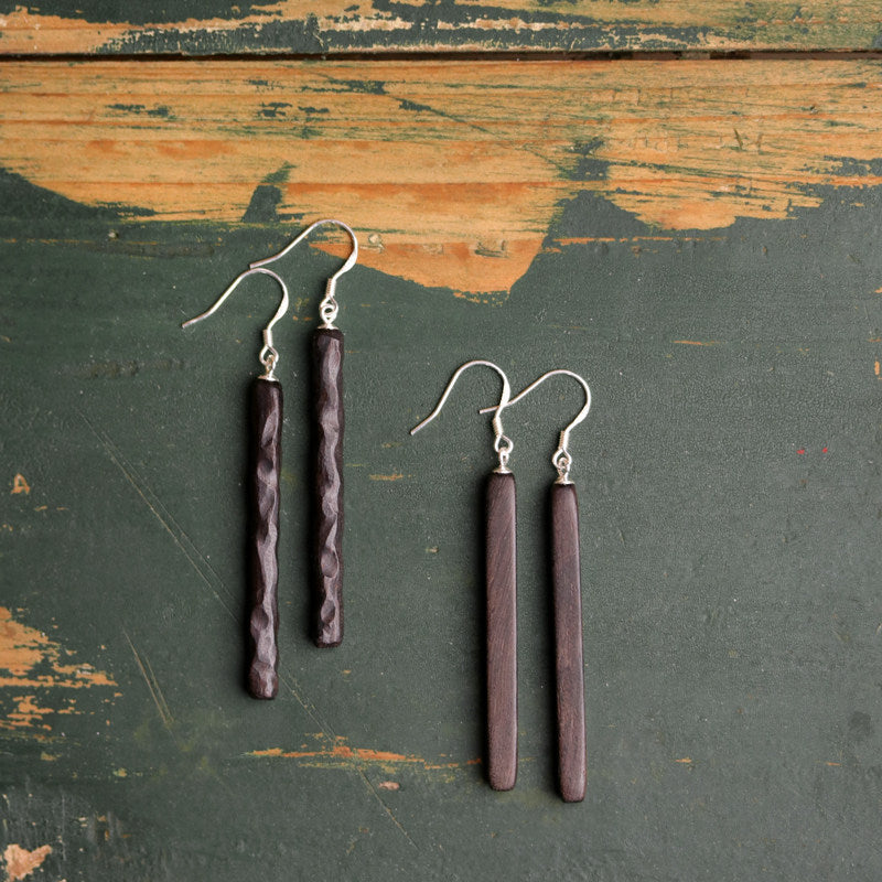 Handmade Ebony Wood Long Drop Earrings – 5th Wood Anniversary Gift for Wife, Minimalist Bar Earrings with 925 Silver Hooks, 2 Finishes