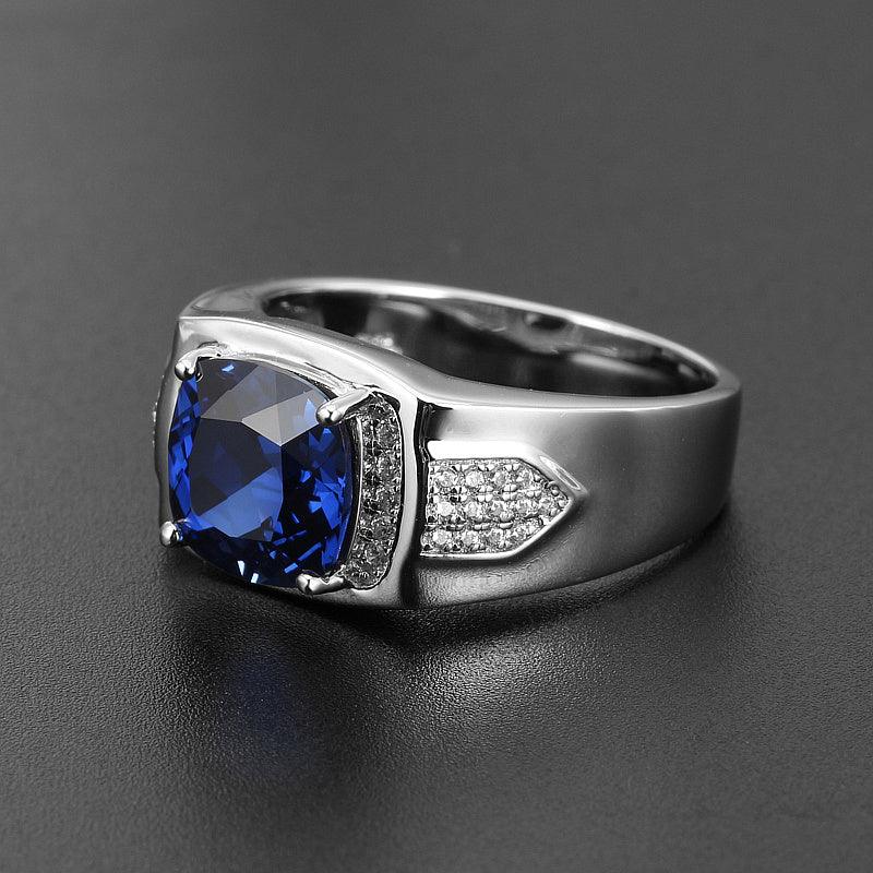 Silver Plated White Gold Square Sapphire Men's Ring - OOAKB