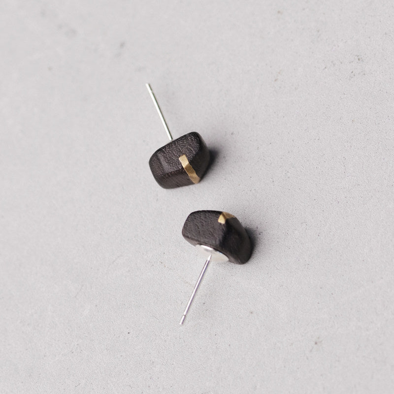 Handmade Ebony Wood & Brass Stud Earrings – 5th Wood Anniversary Gift, Minimalist Gender-Neutral Wooden Studs with 925 Silver Posts