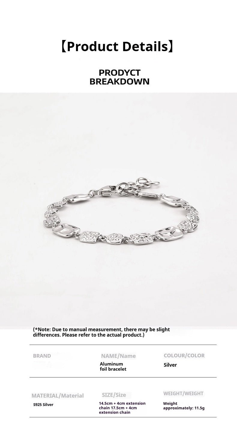 Customized Tin Foil Texture 925 Silver Bracelet - 10th Anniversary Unisex Adjustable