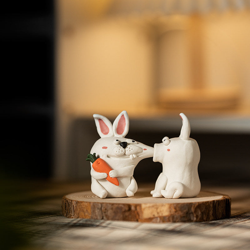 Handmade Kissing Bunny Porcelain Sculpture – Two Rabbits Touching Noses | 2nd & 9th Anniversary Gift