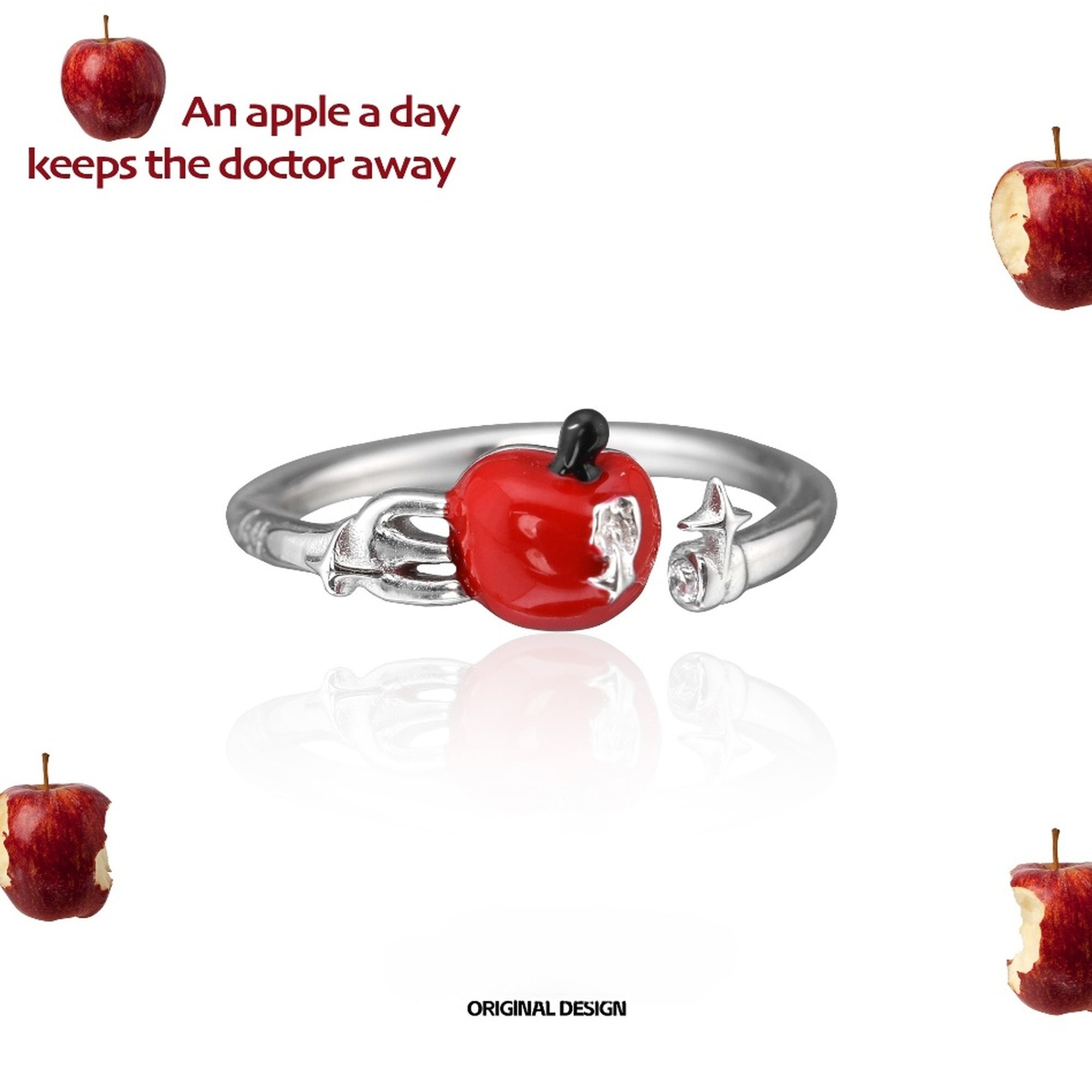 Customized 925 Silver Bitten Apple 4th Fruit & Flower Wedding Ring - Adjustable Anti-Tarnish