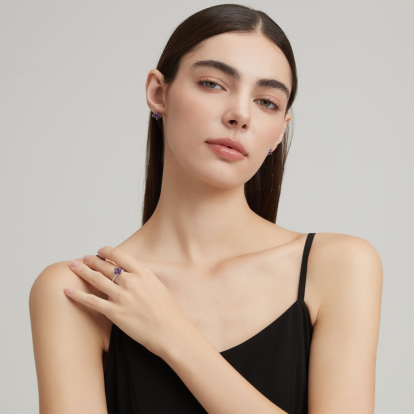 Star Wish Series Four-Leaf Clover Natural Amethyst Ring