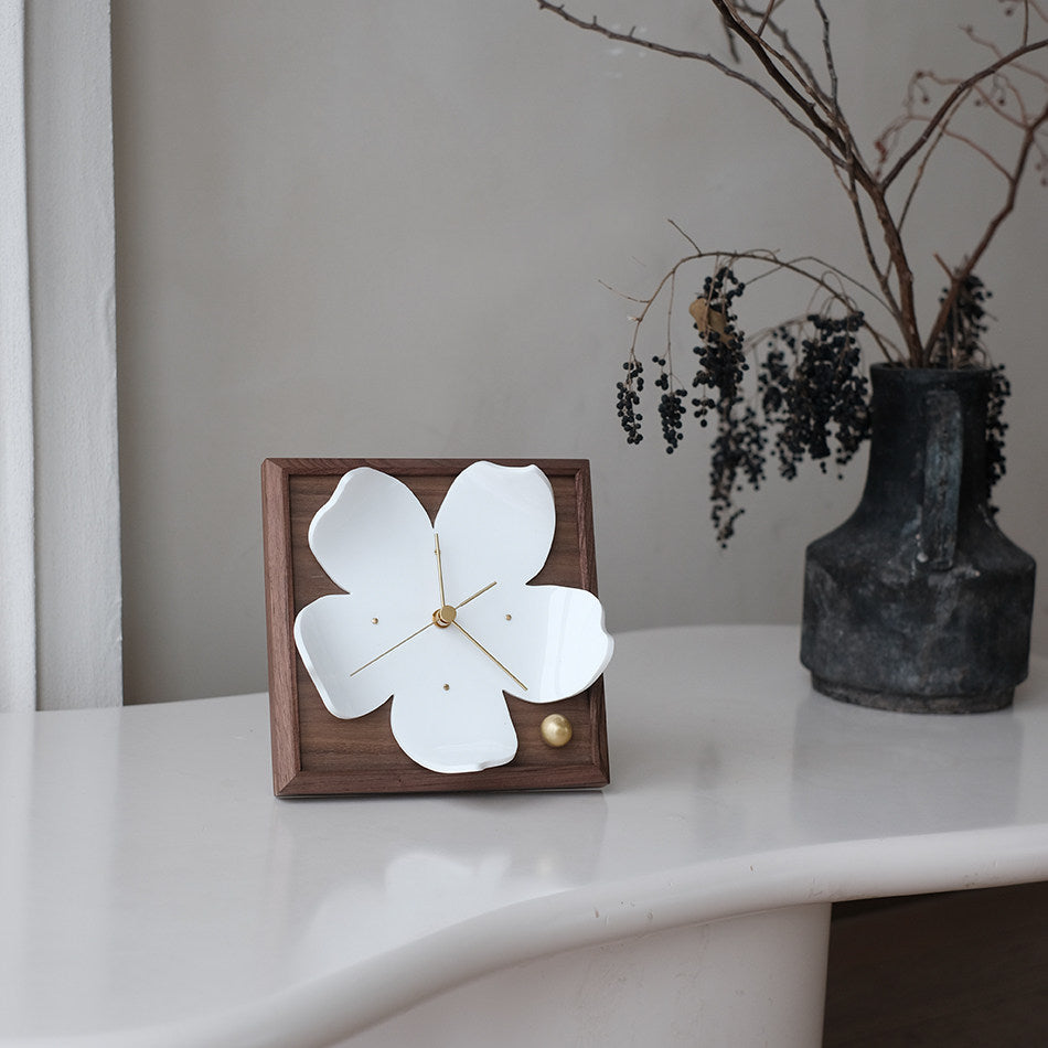 Handmade Porcelain Blossom Clock – Walnut Wood & Brass Anniversary Gift