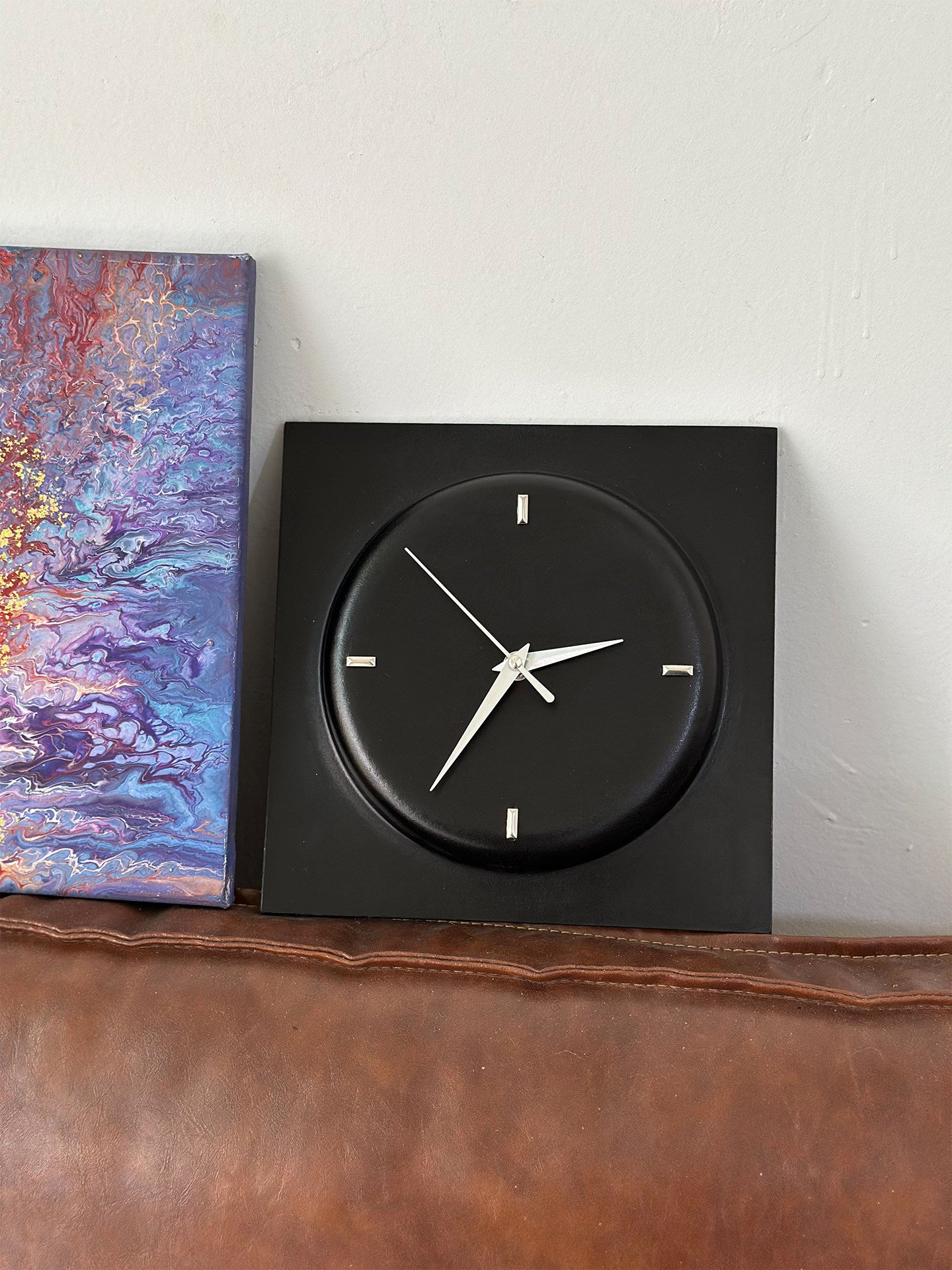 Personalized Full-Grain Leather Wall Clock — Custom Initials & Date | 3 Colors | 3rd Leather Anniversary Gift