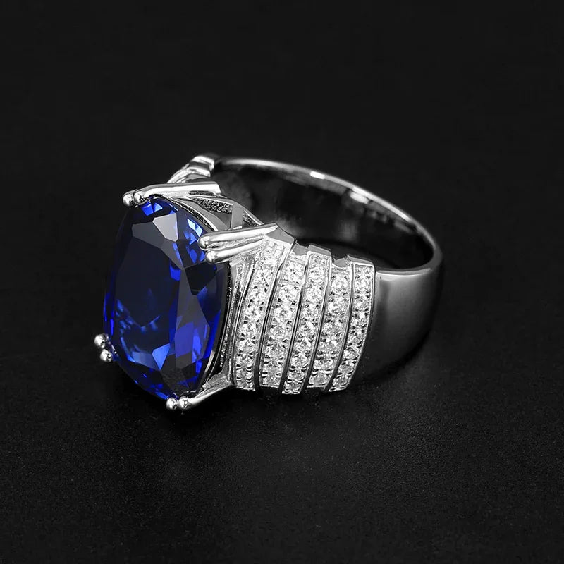 Silver Plated White Gold Sapphire Men's Ring 12.88ct - OOAKB