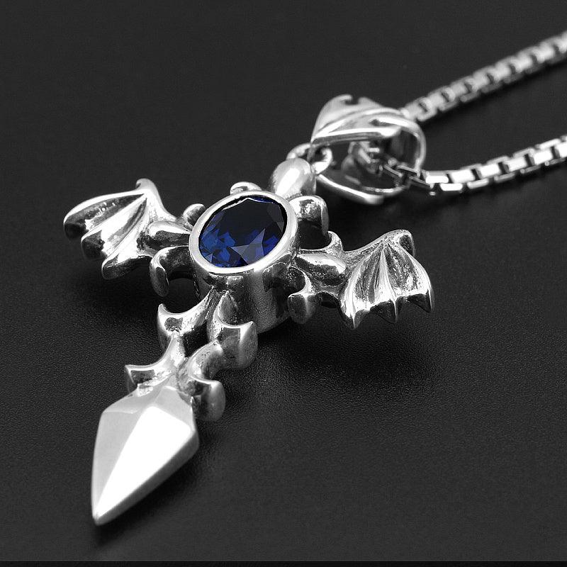 Silver Vintage Distressed Sapphire Men's Cross Necklace - OOAKB