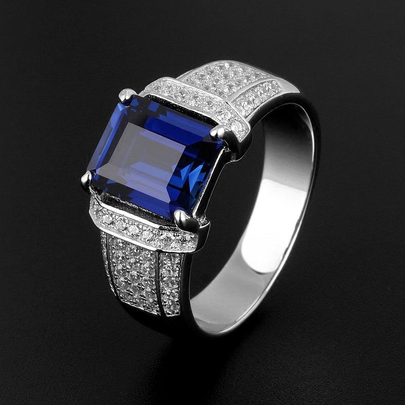 Silver Thick Gold Plated Rectangular Sapphire Men's Ring - OOAKB