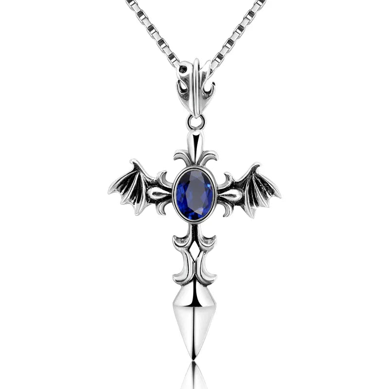 Silver Vintage Distressed Sapphire Men's Cross Necklace - OOAKB