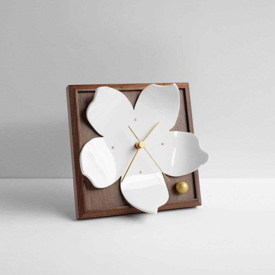 Handmade Porcelain Blossom Clock – Walnut Wood & Brass Anniversary Gift