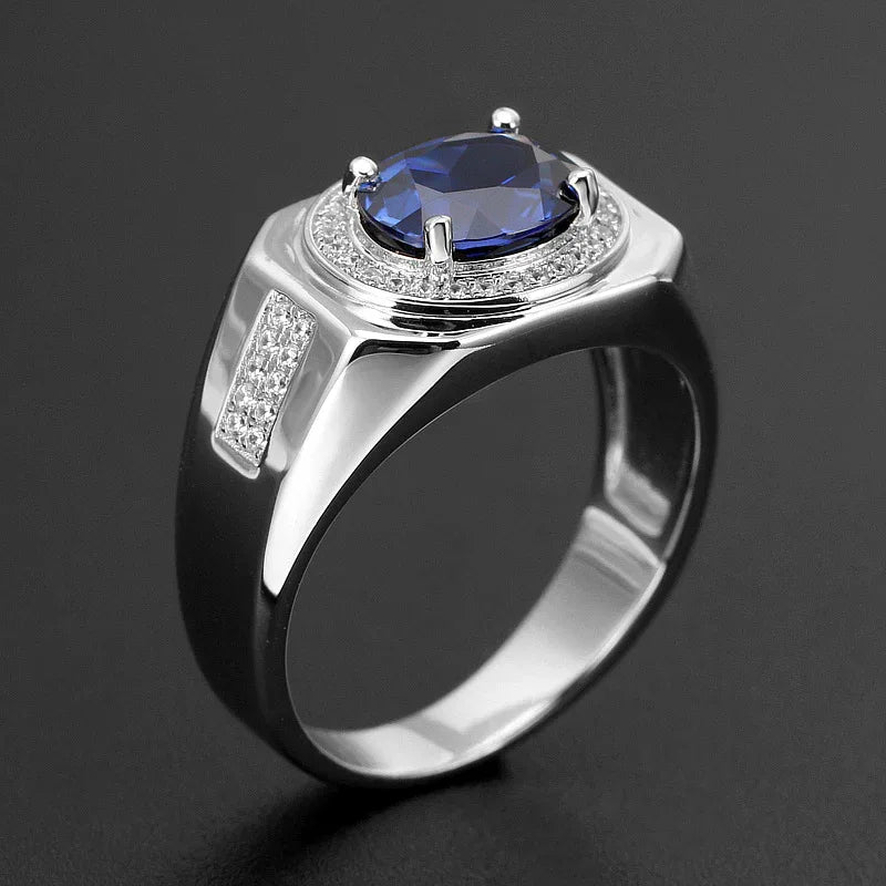 Silver Plated Gold Thickened Wide Sapphire Men's Ring - OOAKB