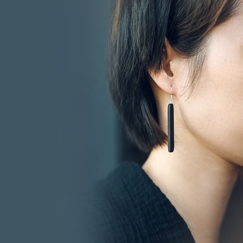 Handmade Ebony Wood Long Drop Earrings – 5th Wood Anniversary Gift for Wife, Minimalist Bar Earrings with 925 Silver Hooks, 2 Finishes