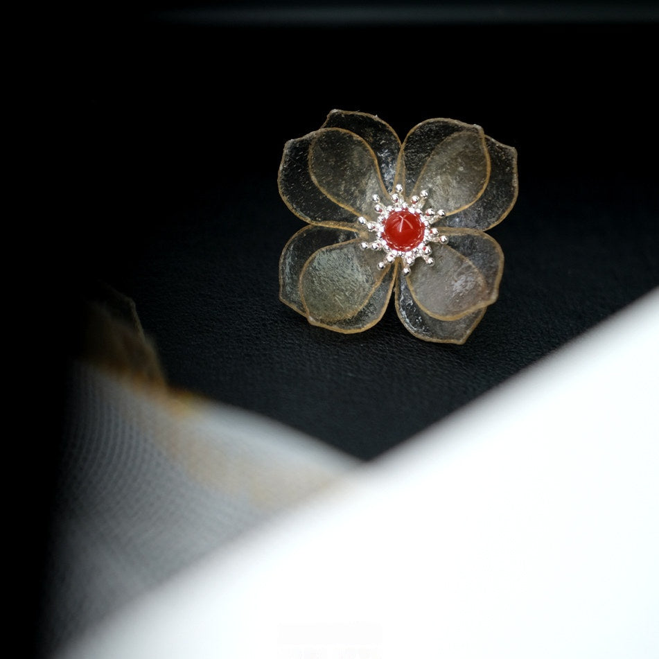 Handcrafted Leather Flower Stud Earrings — Translucent Petals & Coral Red Center | 3rd Leather Anniversary Gift for Her