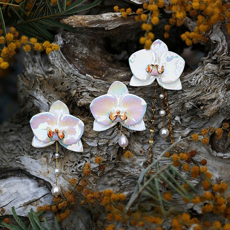 Handmade Porcelain Orchid Earrings – Pearl & Gold Anniversary Gift