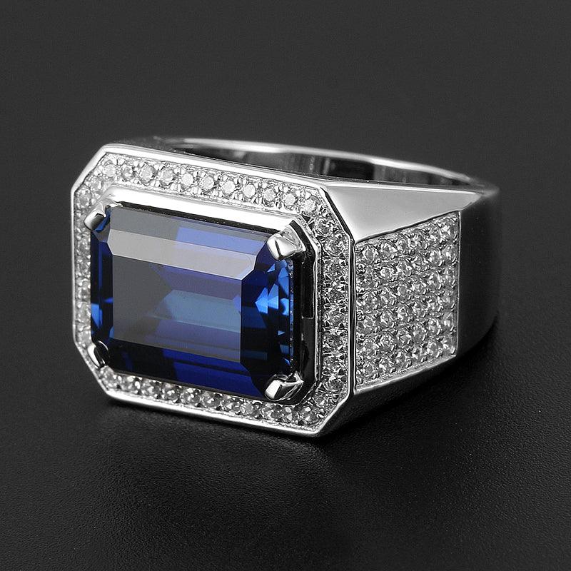 S925 Sterling Silver Plated Gold Sapphire Men's Single Ring - OOAKB