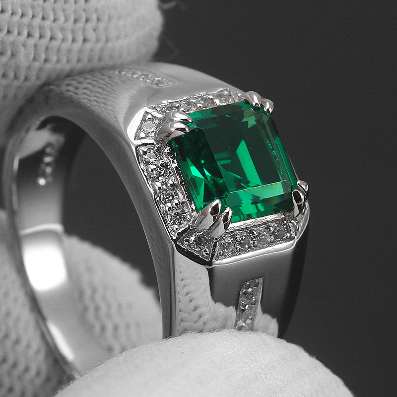 925 Sterling Silver Plated Gold Emerald Men's Ring