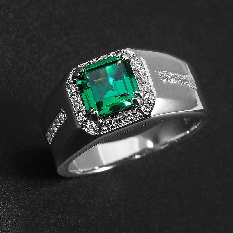 925 Sterling Silver Plated Gold Emerald Men's Ring - OOAKB