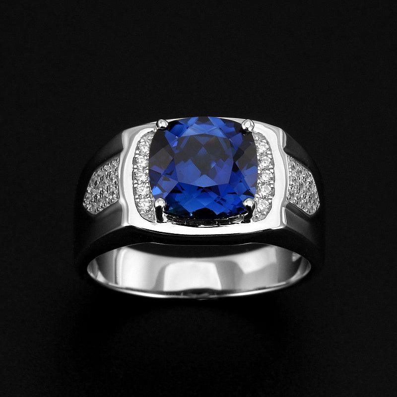 Silver Plated White Gold Square Sapphire Men's Ring - OOAKB