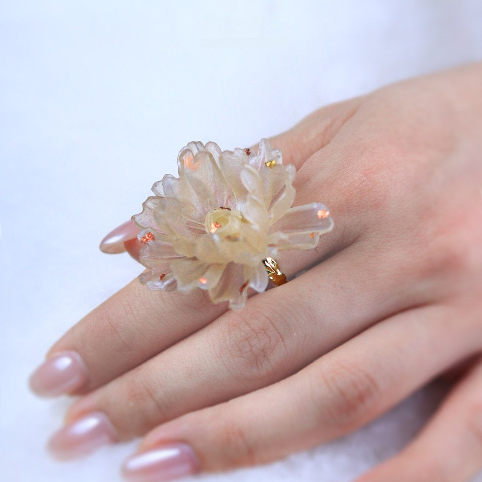 Handcrafted Leather Flower Statement Ring — Translucent Ivory Petals & Gold Shimmer | Adjustable Open Band | 3rd Leather Anniversary Gift for Her
