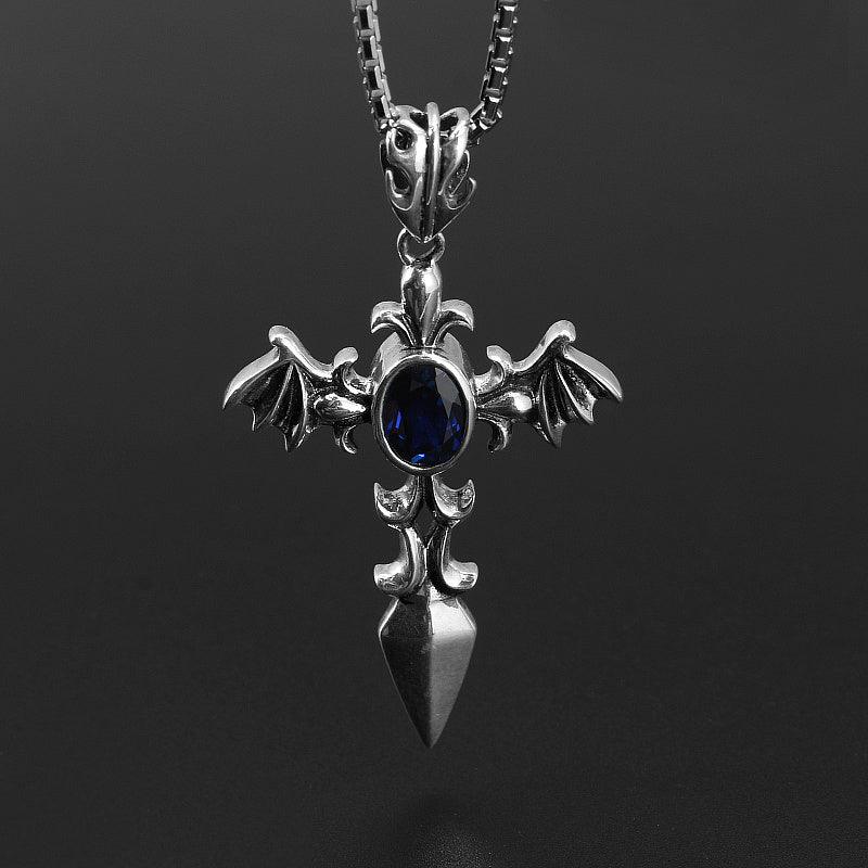 Silver Vintage Distressed Sapphire Men's Cross Necklace - OOAKB