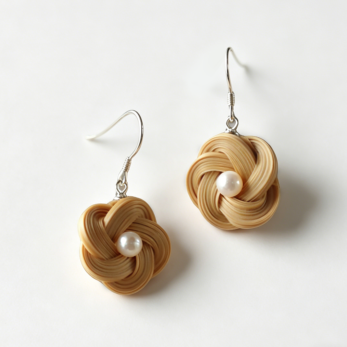 Handwoven Bamboo Flower Pearl Drop Earrings – 5th Wood Anniversary Gift for Wife