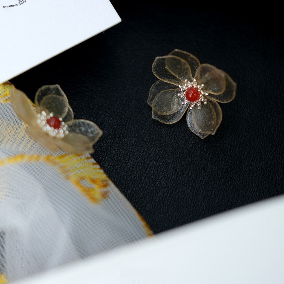 Handcrafted Leather Flower Stud Earrings — Translucent Petals & Coral Red Center | 3rd Leather Anniversary Gift for Her
