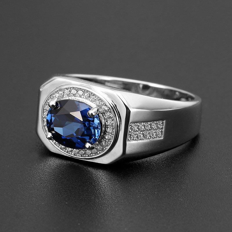 Silver Plated Gold Thickened Wide Sapphire Men's Ring - OOAKB