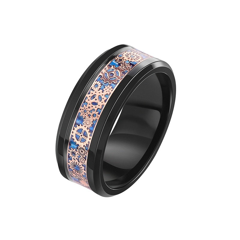 Customized Ceramic Gear Tungsten Ring - 9th Anniversary Engraved Blue Carbon Fiber