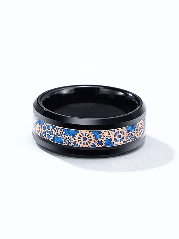 Customized Ceramic Gear Tungsten Ring - 9th Anniversary Engraved Blue Carbon Fiber