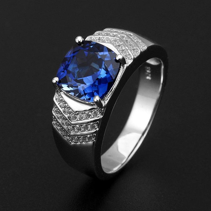 Silver Plated White Gold Sapphire Men's Ring 9*9mm - OOAKB