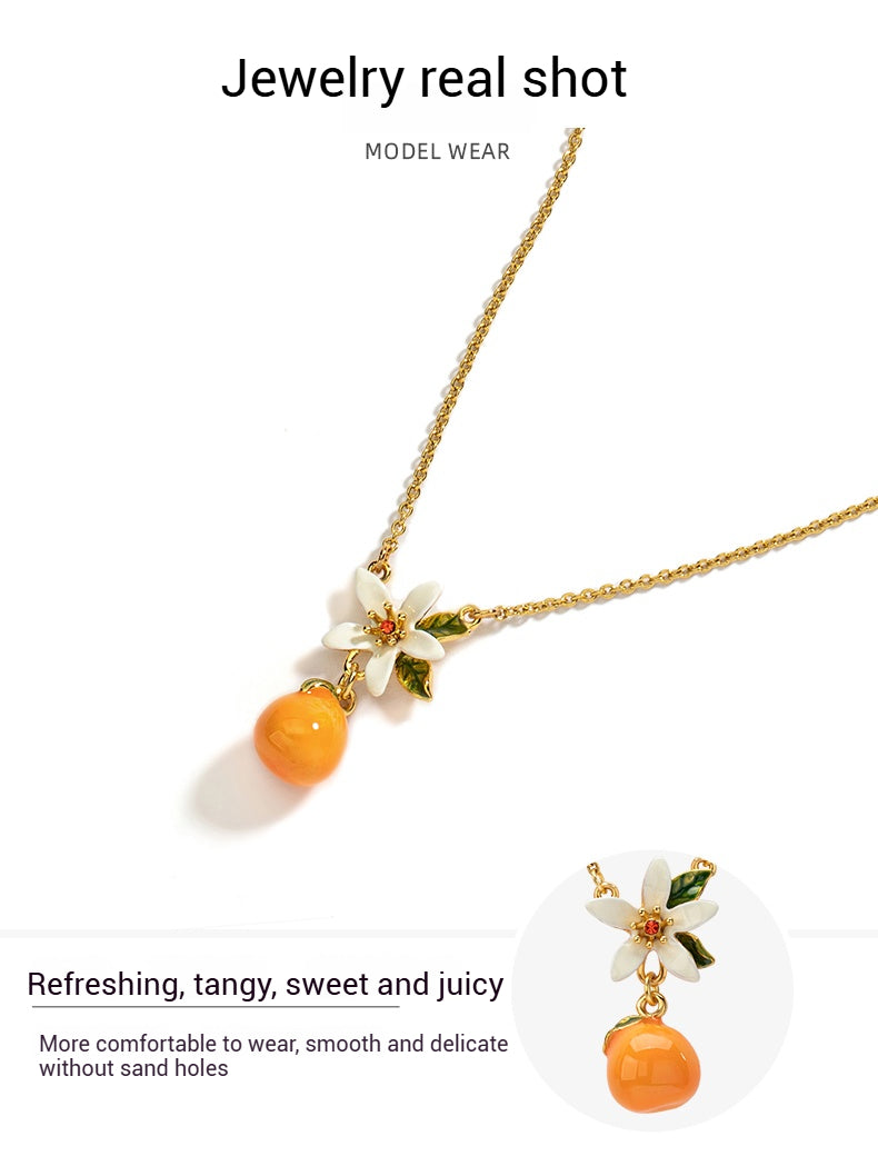 Customized Orange Enamel 4th Fruit & Flower Wedding Necklace - 18K Gold-Plated Engraved