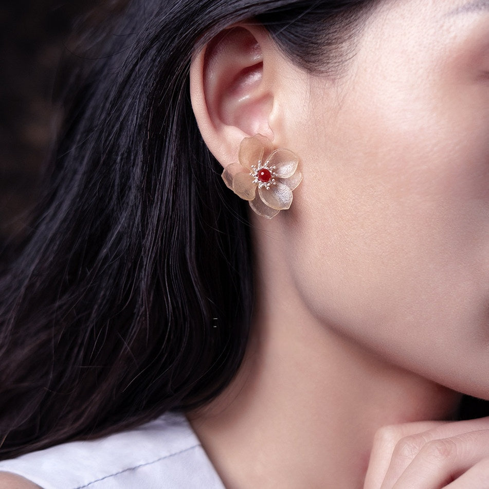 Handcrafted Leather Flower Stud Earrings — Translucent Petals & Coral Red Center | 3rd Leather Anniversary Gift for Her