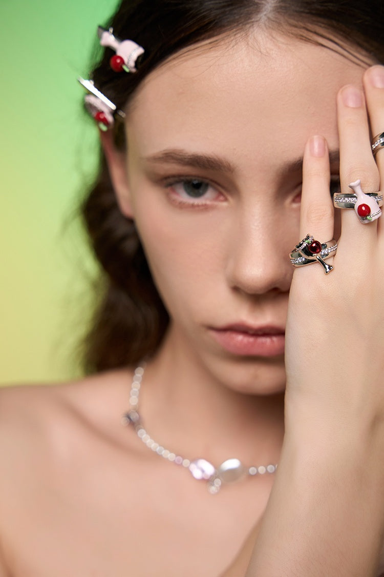 Customized Strawberry Milk Enamel 4th Fruit & Flower Wedding Ring - Cubic Zirconia