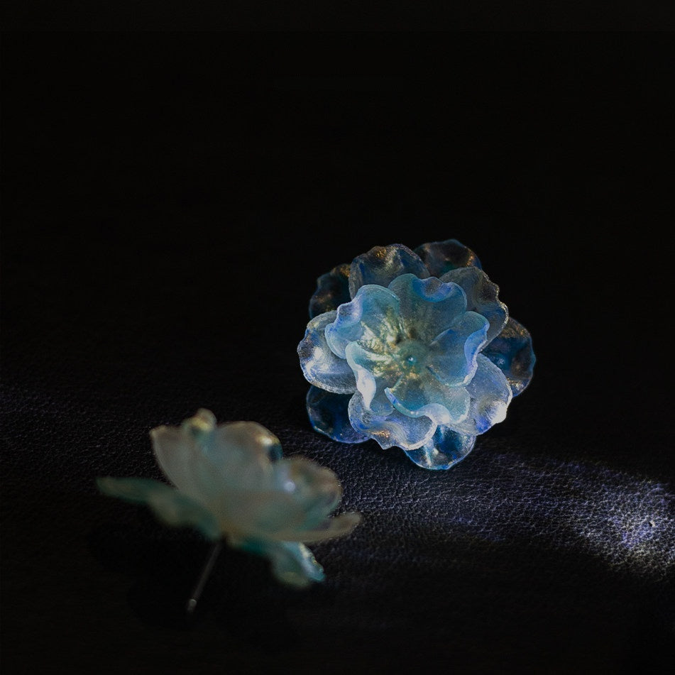 Handcrafted Leather Sculpture Flower Earrings — Translucent Blue-Green Petals | Wearable Art | 3rd Leather Anniversary Gift for Her