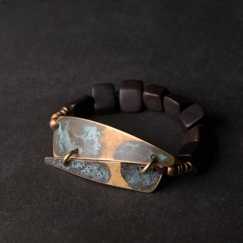 Customized Vintage Bronze & Ebony Bracelet - 8th Anniversary Engraved Couple Set