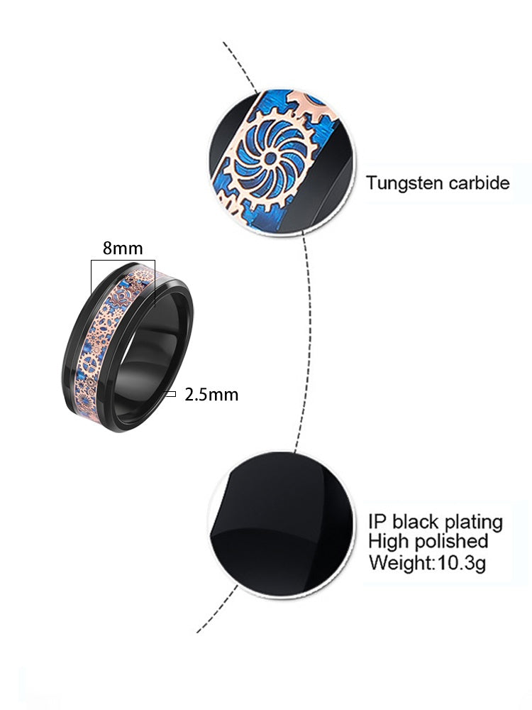 Customized Ceramic Gear Tungsten Ring - 9th Anniversary Engraved Blue Carbon Fiber