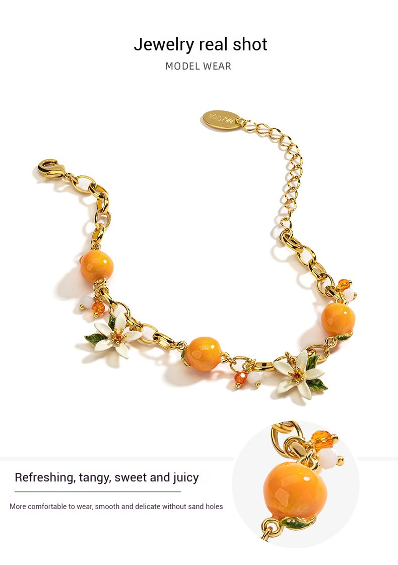 Customized Citrus Enamel 4th Fruit & Flower Wedding Bracelet - Engraved Heart Pendant